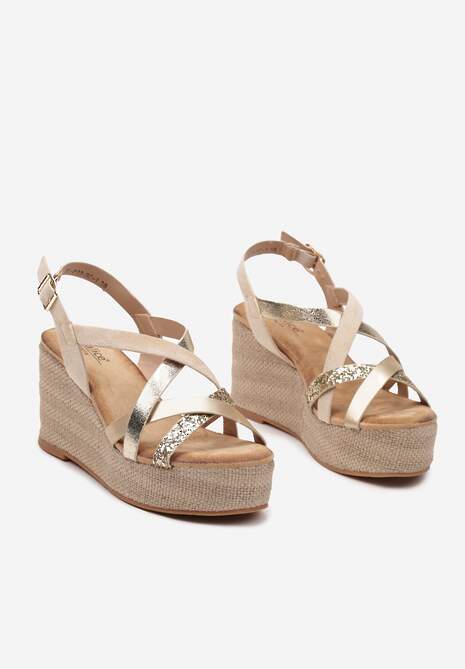 Beżowe Casualowe Sandały na Koturnie w Stylu Boho z Brokatowymi Plecionymi Paskami Urani