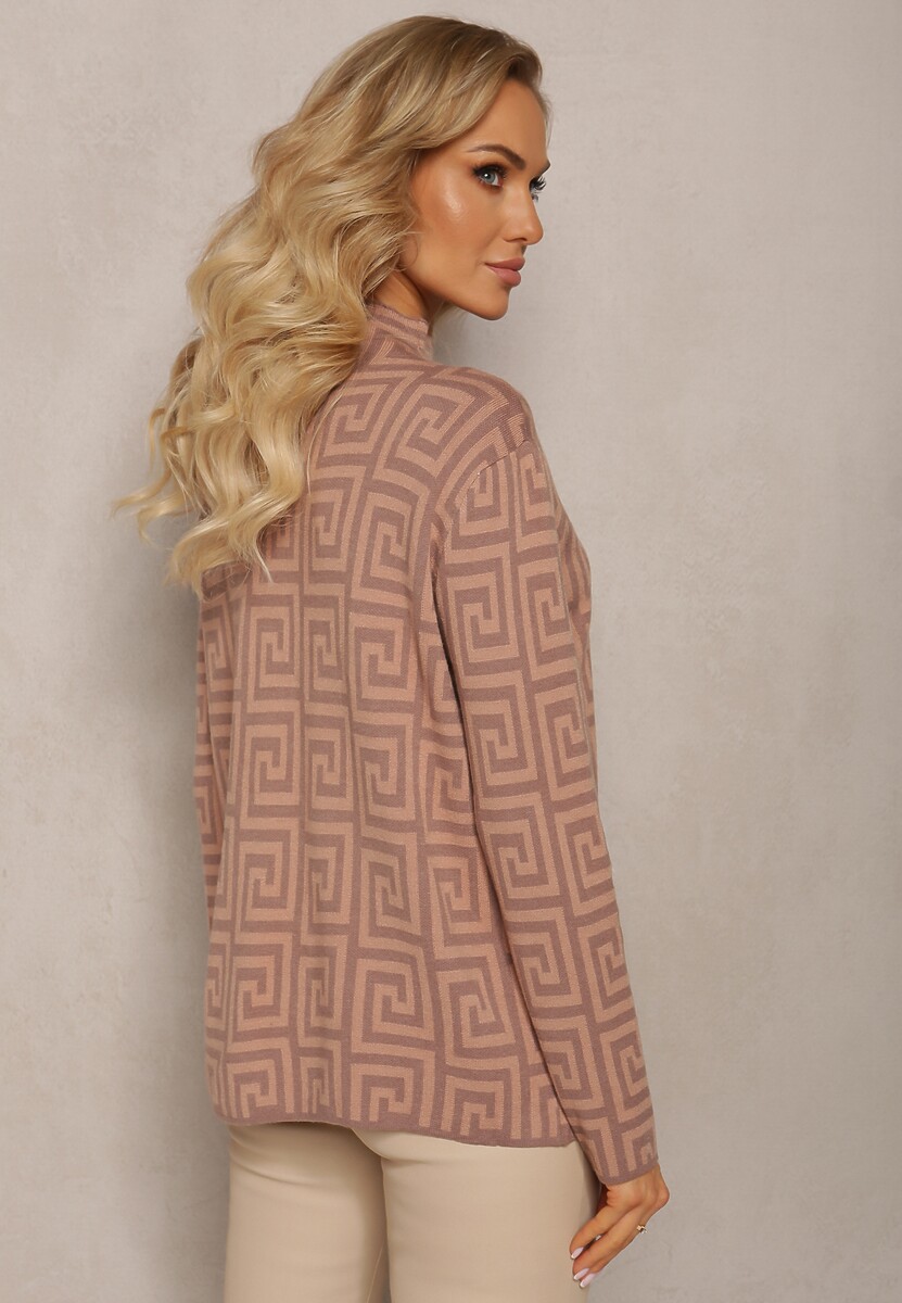 Ciemnobeżowy Sweterkowy Półgolf z Dzianiny o Geometrycznym Motywie i Dodatkowymi Zamkami Vulla