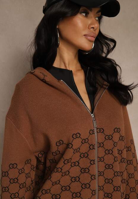 Brązowy Rozpinany Kardigan z Kapturem z Geometrycznym Wzorem Neratusa