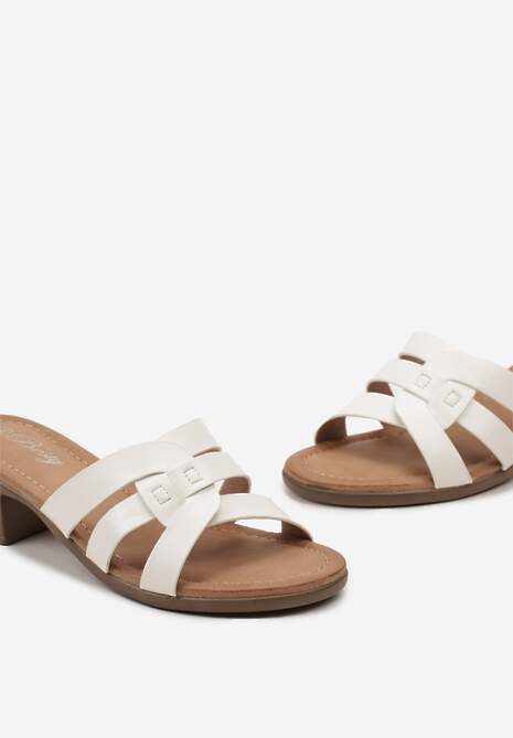 Białe Klapki na Niewysokim Słupku z Ozdobnymi Paskami Acisarda