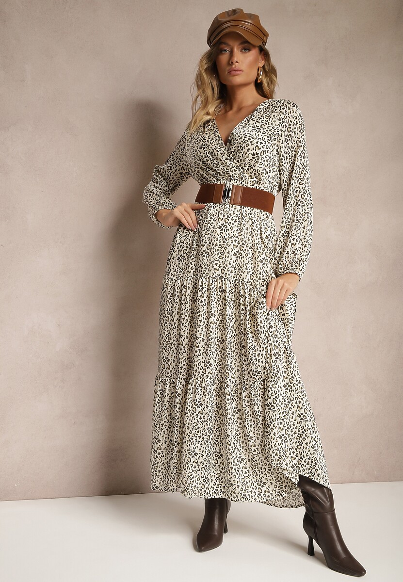 Brązowa Kopertowa Sukienka w Panterkę o Rozkloszowanym Kroju Ozdobiona Paskiem z Klamrą Rinalia