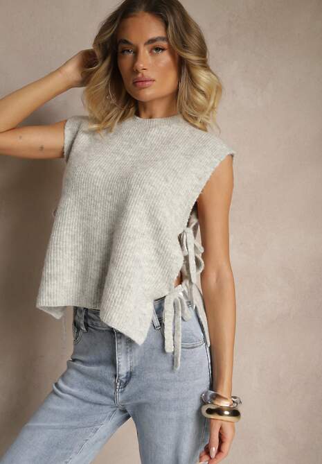 Jasnoszara Kamizelka z Dzianiny z Wełną i Wiskozą Zdobiona Wiązaniami Annivoriae