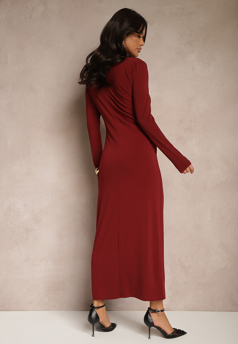 Bordowa Dopasowana Sukienka Ozdobiona Marszczeniem Nalindrae