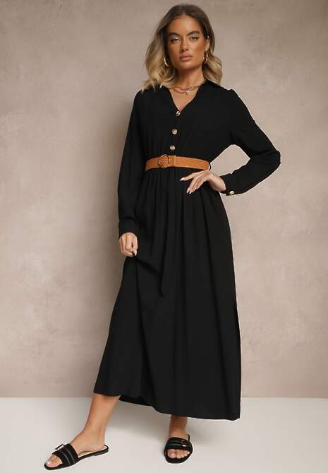 Czarna Wiskozowa Sukienka o Rozkloszowanym Kroju z Paskiem i Rozcięciem Reirissa