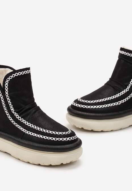 Czarne Błyszczące Śniegowce na Platformie z Kontrastowymi Przeszyciami Okuniza
