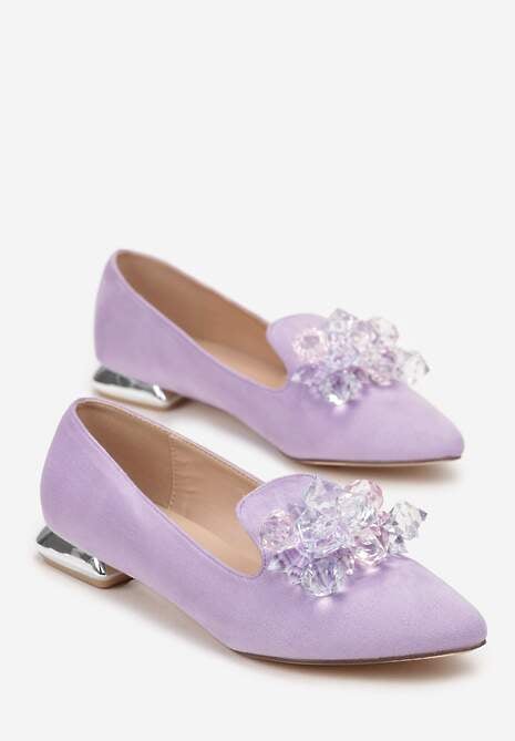 Fioletowe Mokasyny na Ozdobnym Obcasie z Kryształkami Monse