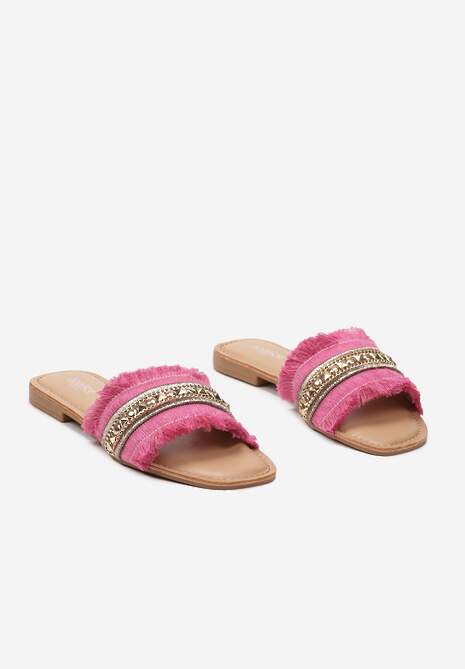 Fuksjowe Klapki z Bogato Zdobionym Paskiem z Cyrkoniami Baslila