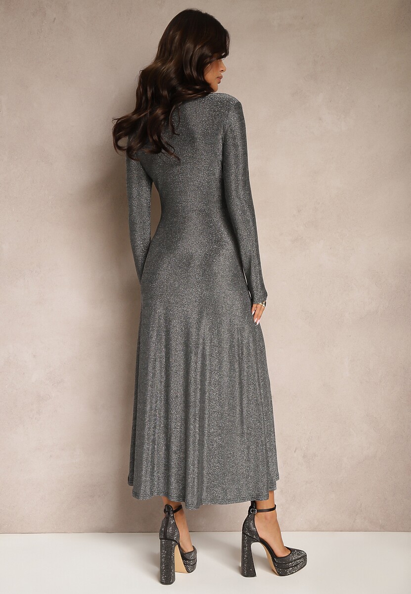 Srebrna Elegancka Sukienka z Wiskozą i Brokatem Werista