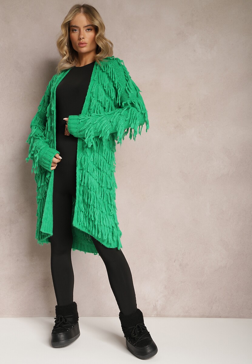 Zielony Niezapinany Kardigan w Ozdobne Frędzle Massawa