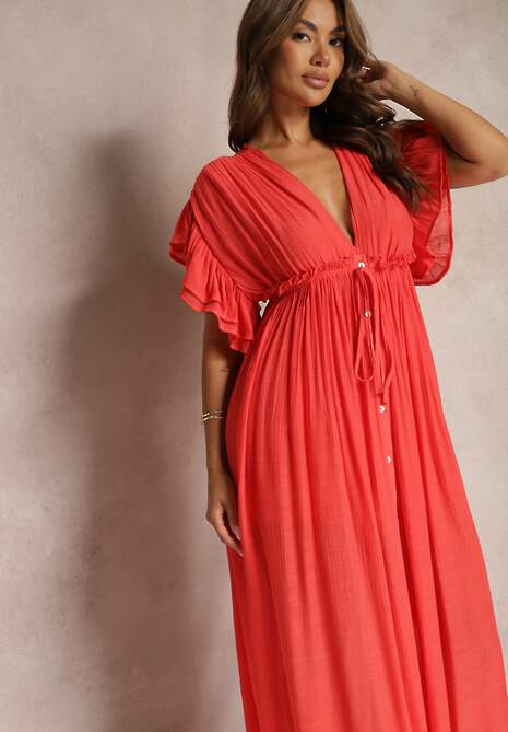 Czerwona Bawełniana Sukienka z Gumką w Talii i Falbankami Rivatia