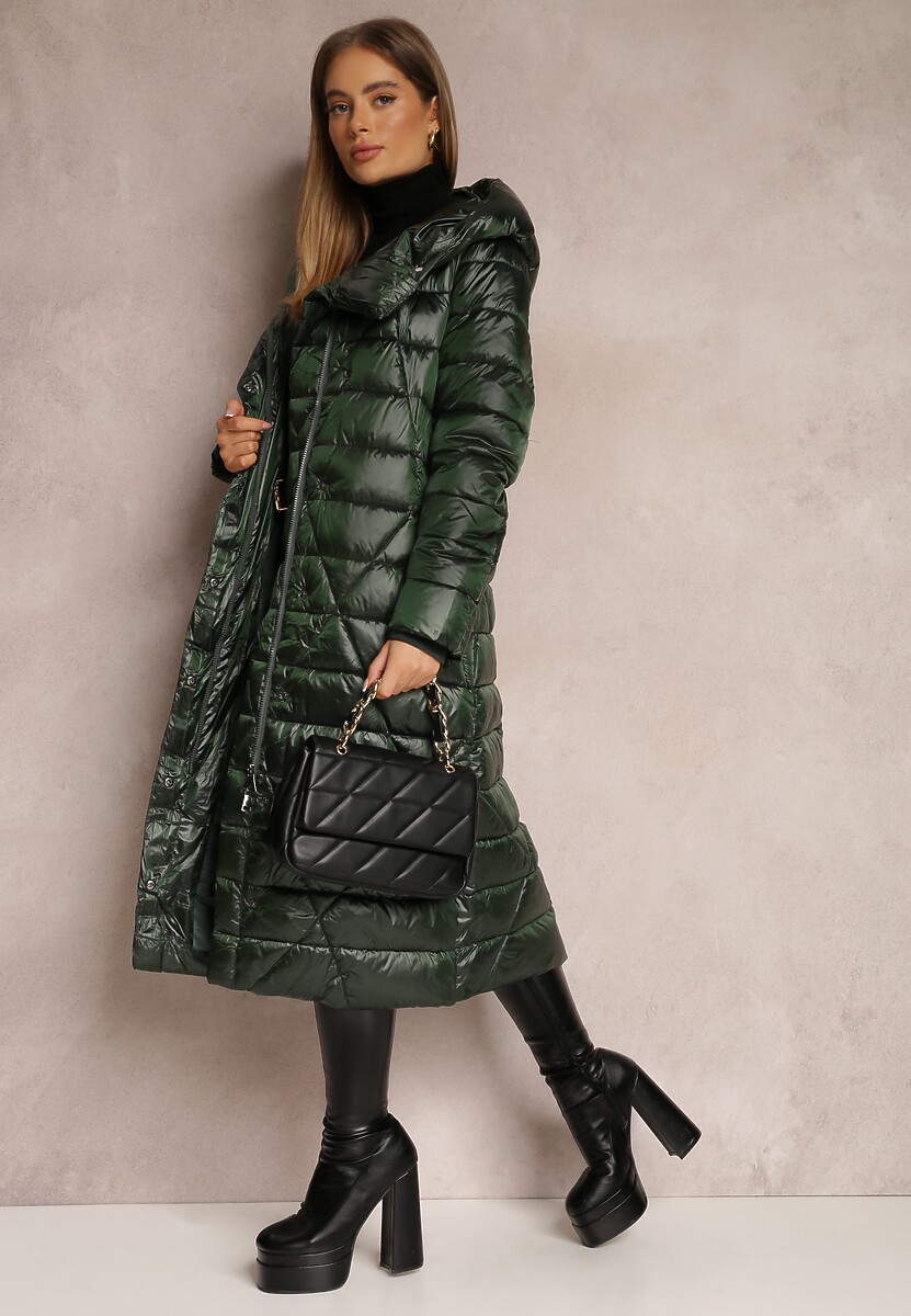 Ciemnozielona Kurtka za Kolano z Wiązanym Paskiem i Kapturem Feome