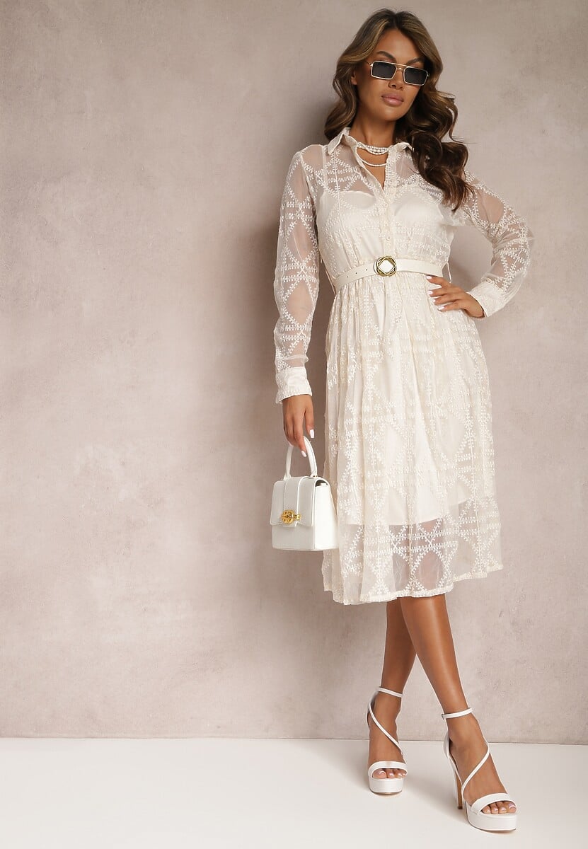 Jasnobeżowa Haftowana Sukienka Midi z Paskiem Binaela