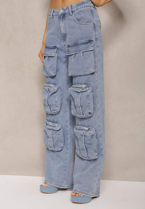 Niebieskie Spodnie High Waist z Prostymi Nogawkami i Ozdobnymi Kieszeniami Quliana