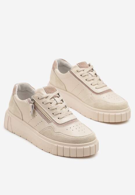 Beżowe Sneakersy z Naturalnej Skóry na Grubej Podeszwie z Suwakiem Soravelle