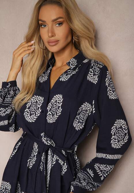 Granatowa Sukienka Koszulowa Wiązana w Pasie w Stylu Boho Rorisha