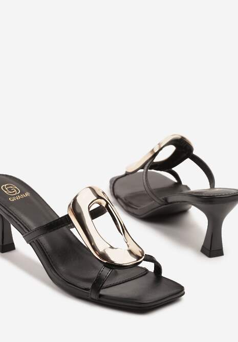 Czarne Klapki na Szpilce w Kształcie Klepsydry z Metalowym Detalem Weoniae