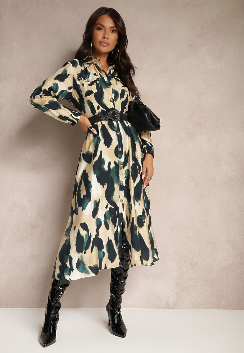 Beżowa Wzorzysta Sukienka o Koszulowym Kroju z Paskiem z Plecionki Mirirani