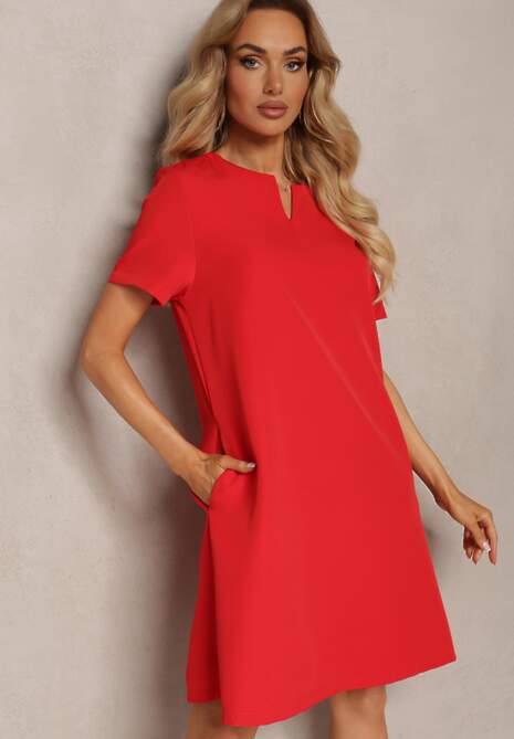 Czerwona Trapezowa Sukienka Mini z Krótkim Rękawem i Kieszeniami Vrea
