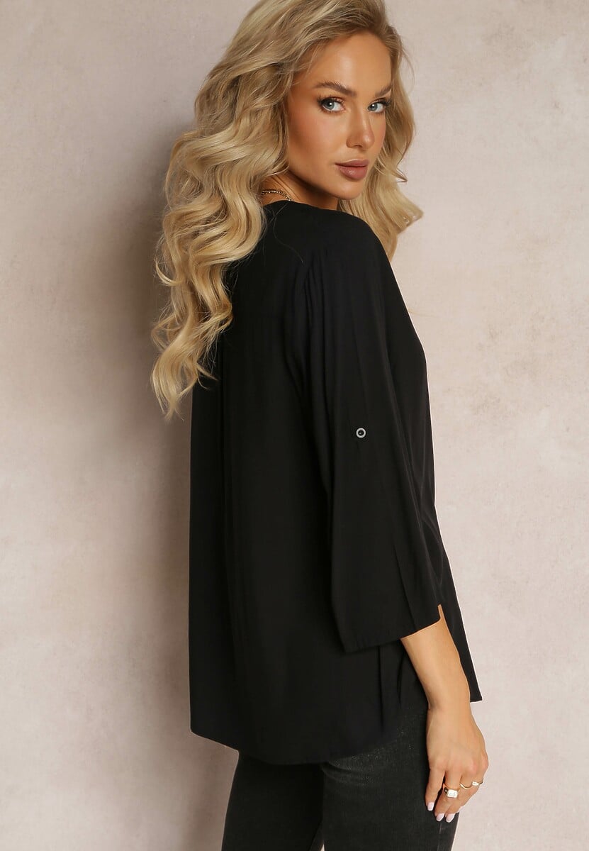 Czarna Bluzka z Wiskozy z Dekoltem Zapinanym na Guziki Sarika