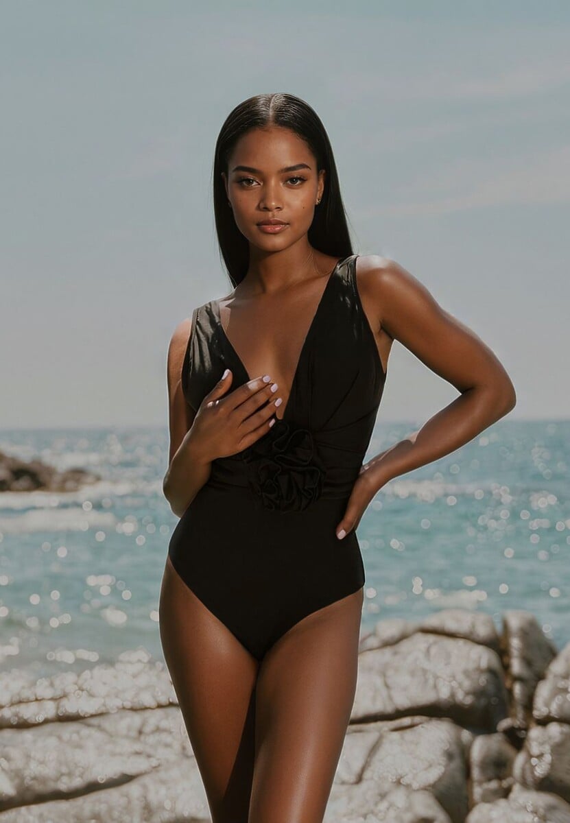 Czarny Strój Kąpielowy Jednoczęściowy Ozdobiony Aplikacją Kwiatu 3D z Usztywnieniem Seliris