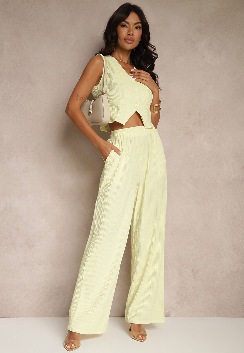 Żółty Garniturowy Komplet z Kamizelką i Szerokimi Spodniami Filondia