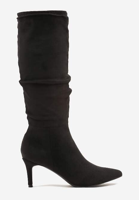 Czarne Marszczone Kozaki z Imitacji Zamszu na Obcasie Typu Szpilka Rilavira