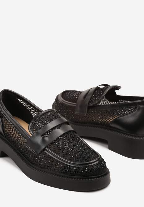 Czarne Mokasyny przed Kostkę Ozdobione Cyrkoniami i Siateczką Senareth