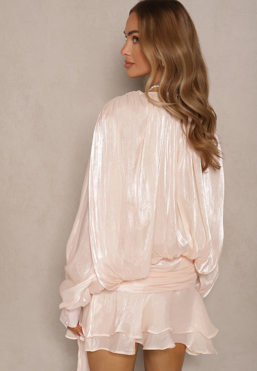 Beżowa Bufiasta Sukienka Zdobiona Trenem i Wiązaniem z Falbanami Lunoriela