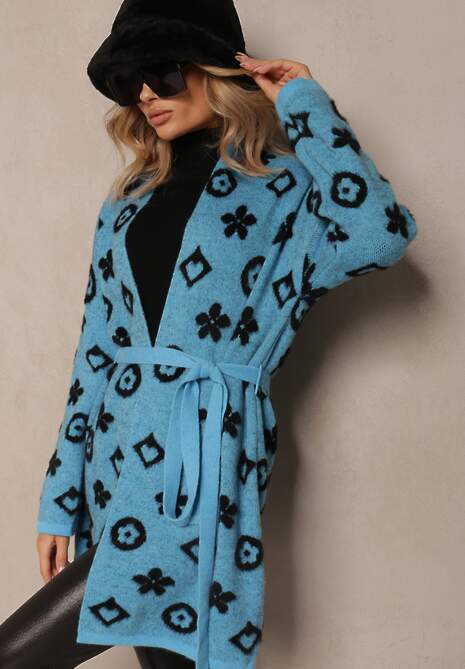 Niebieski Kardigan z Wiązanym Paskiem Ozdobiony Wzorem w Kwiaty Timonen