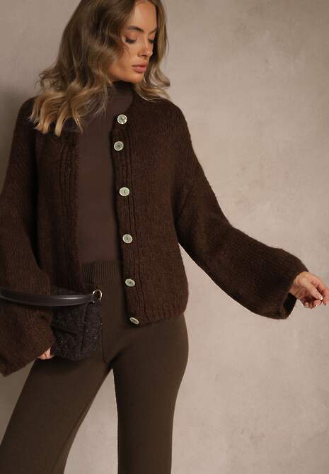 Brązowy Nietoperzowy Kardigan z Domieszką Wełny i Wiskozy Lianavia