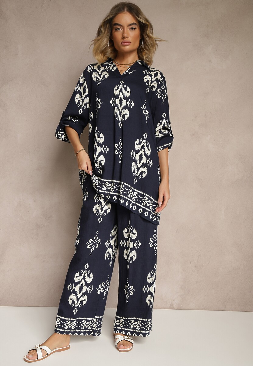 Granatowy Komplet z Wiskozą Koszula i Spodnie Zdobione Etnicznym Printem Mepina