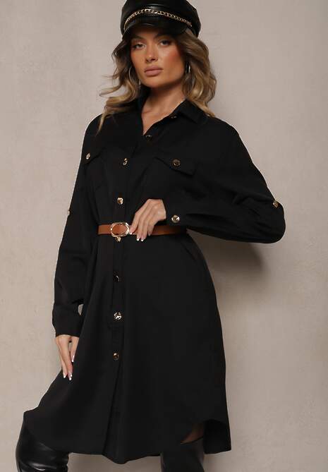 Czarna Koszulowa Sukienka Ozdobiona Paskiem i Rękawem z Regulacją Esaviona