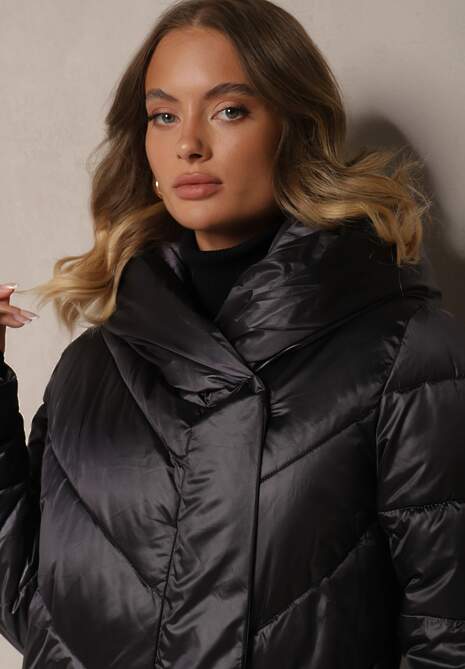 Ciemnoszara Pikowana Kurtka o Asymetrycznym Kroju z Kapturem Hedirani