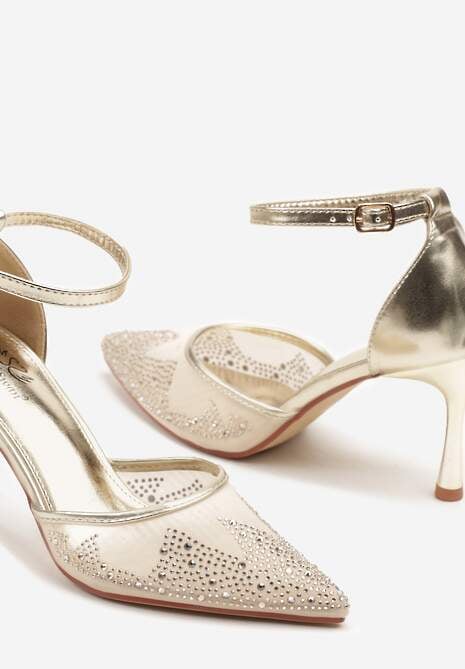 Złote Sandały Szpilki z Siateczkowym Noskiem w Szpic Zdobionym Cyrkoniami Alirenda