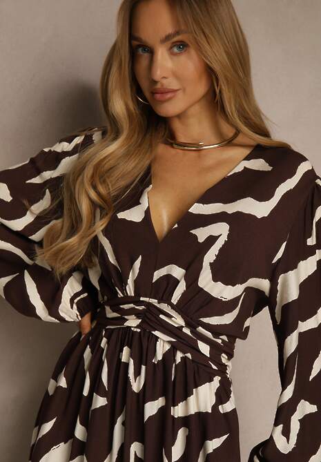 Brązowa Sukienka z Wiskozą o Rozkloszowanym Kroju Netiva