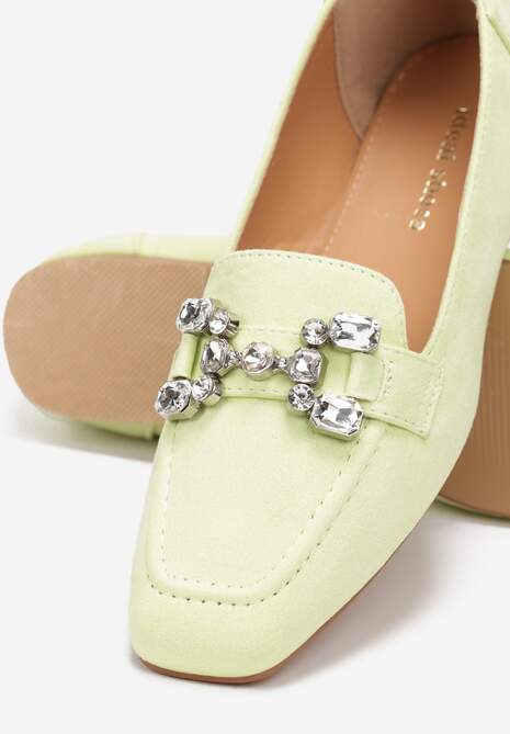 Zielone Mokasyny z Imitacji Zamszu z Ozdobnym Paskiem z Kryształkami Sornia