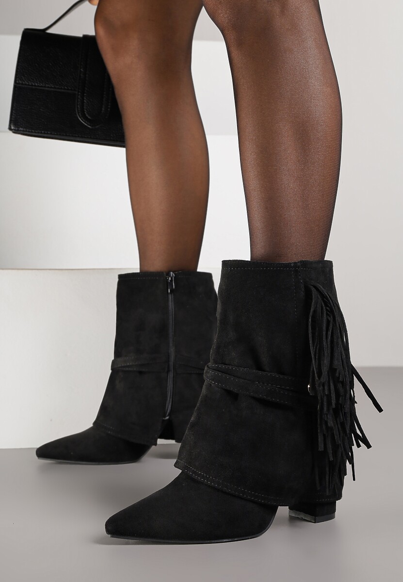 Czarne Botki Boho z Cholewką Imitującą Nogawkę i Frędzlami Zaslie