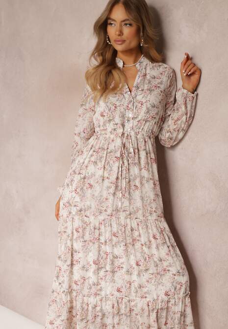 Biała Sukienka Maxi w Kwiaty ze Sznurkiem w Pasie Marili