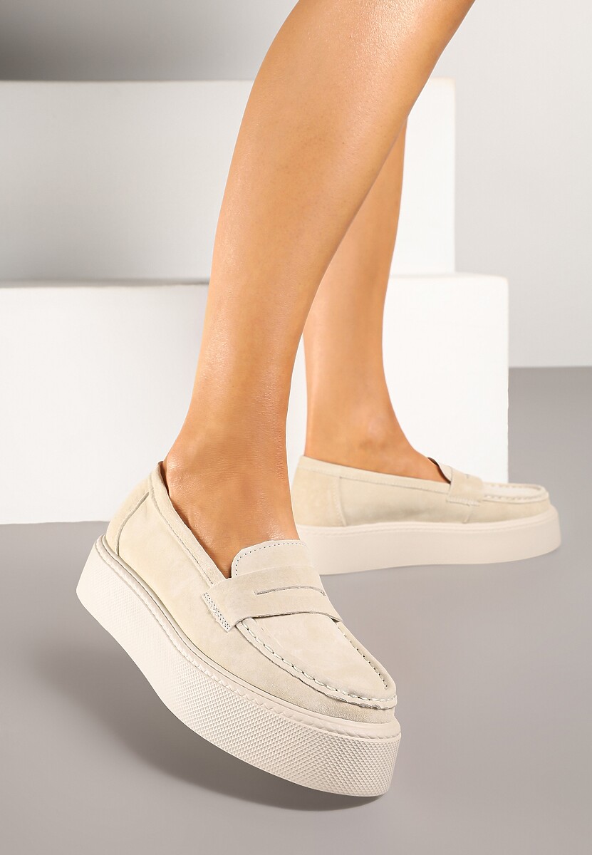 Beżowe Mokasyny Skórzane na Platformie w Stylu Półbutów Sadawene