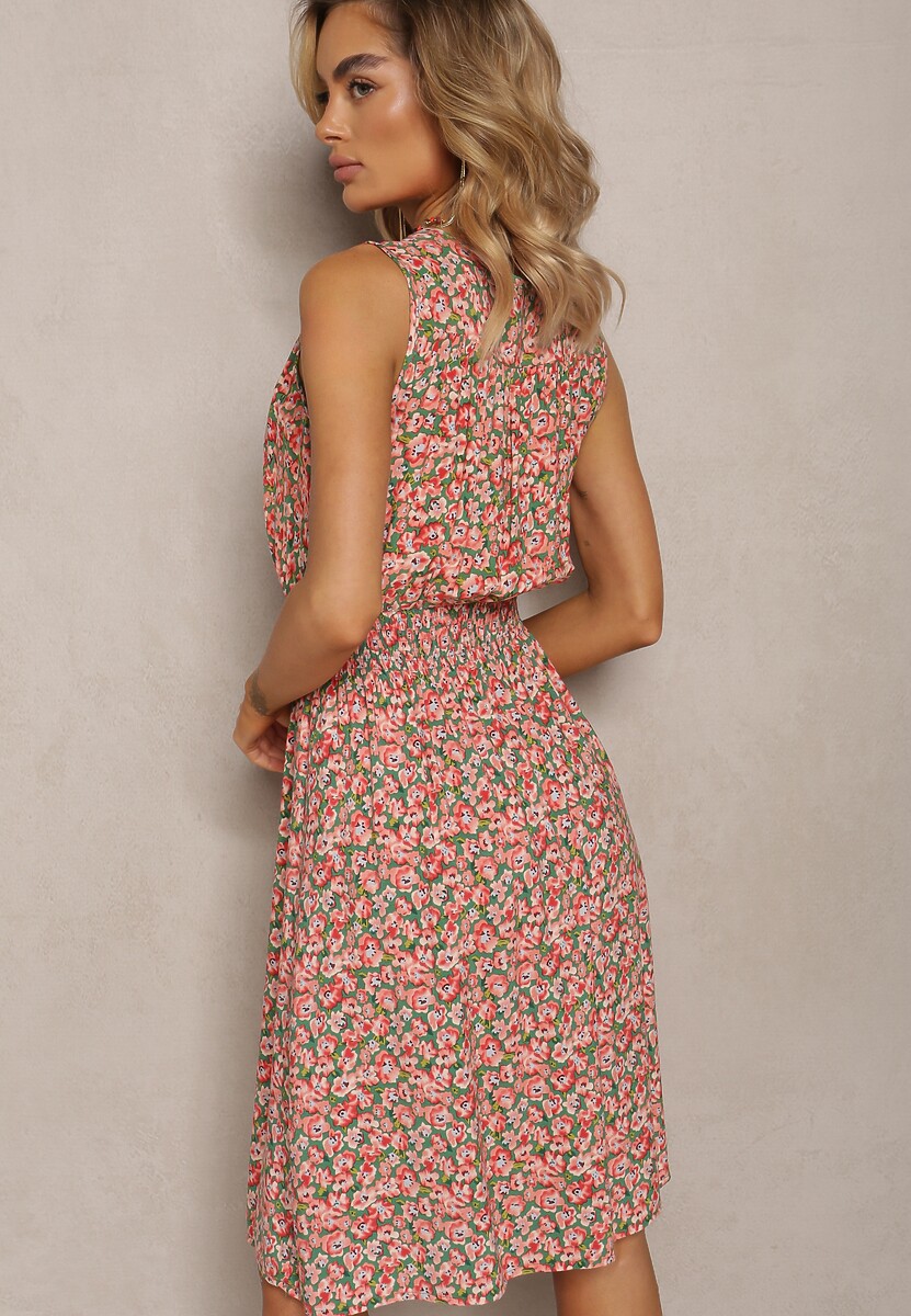 Zielono-Różowa Rozkloszowana Sukienka w Kwiaty z Kopertową Górą i Gumką w Talii Ricada