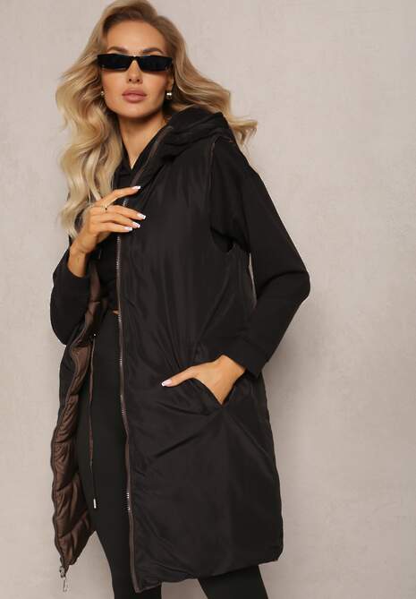 Brązowa Pikowana Kamizelka Dwustronna z Troczkiem w Pasie o Wydłużonym Fasonie Selinorda