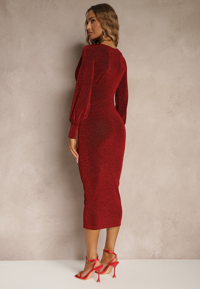 Czerwona Kopertowa Sukienka o Dopasowanym Fasonie z Bufiastymi Rękawami Ulosira