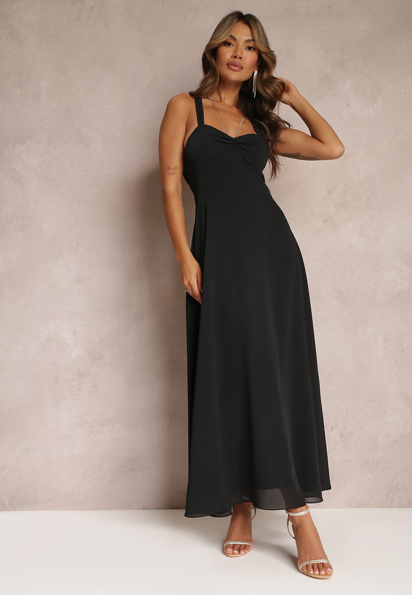 Czarna Rozkloszowana Sukienka Koktajlowa Wiązana na Plecach Malori