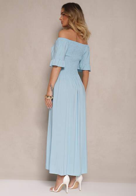 Jasnoniebieska Rozkloszowana Sukienka Hiszpanka z Bawełny z Elastyczną Górą Maissa