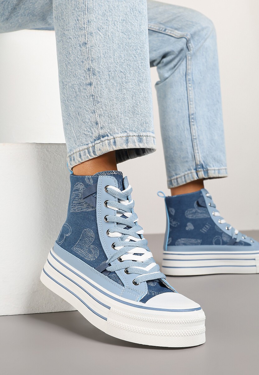 Granatowe Trampki na Platformie z Wysoką Cholewką i Wzorem Serc Aviriss