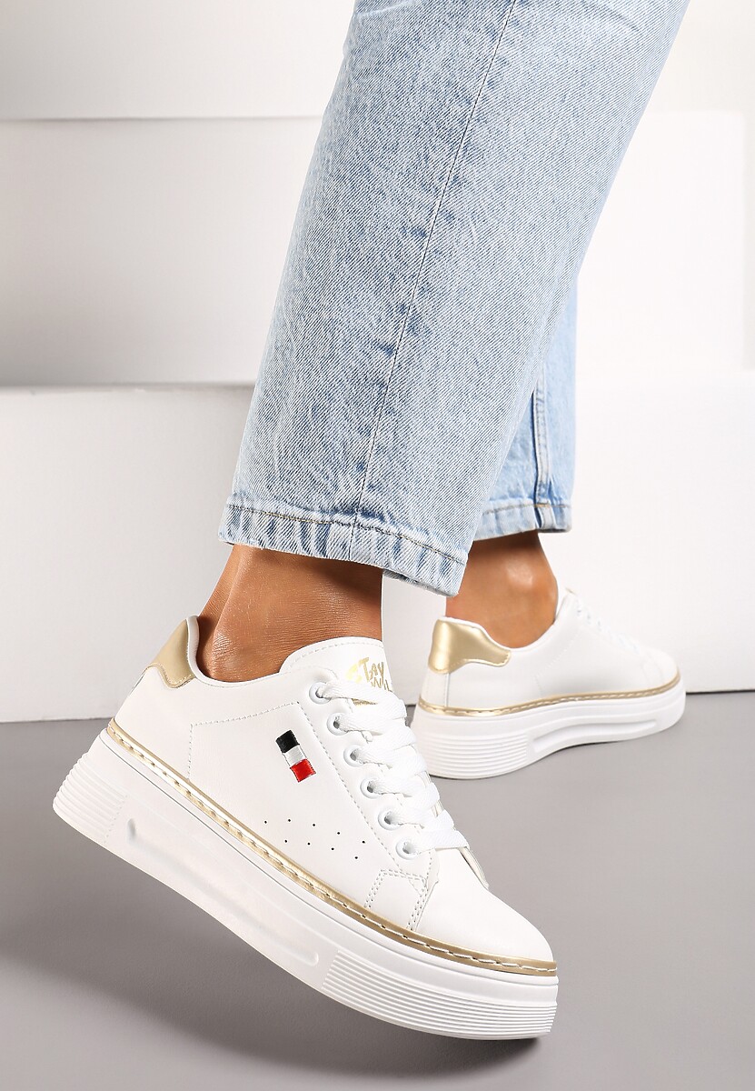 Biało-Złote Sneakersy na Platformie z Minimalistycznym Obszyciem Wokół Podeszwy Ansinrea
