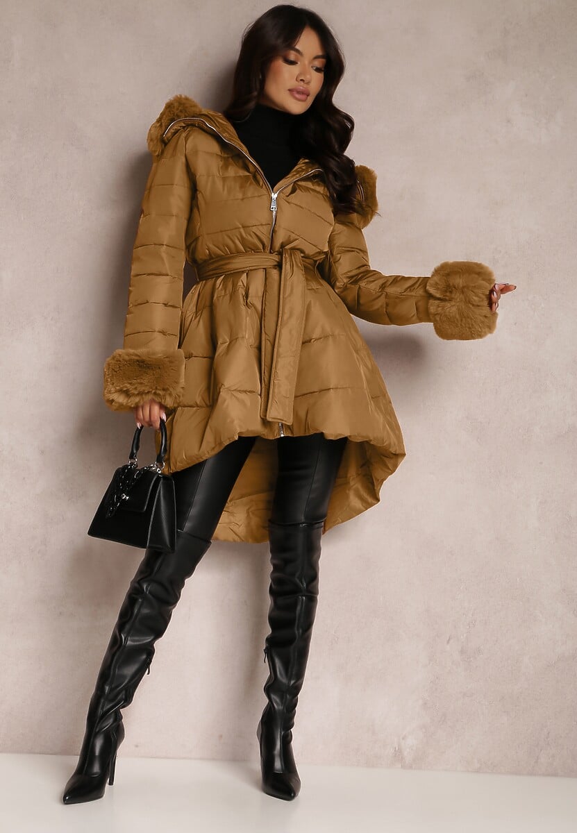 Brązowa Kurtka Pikowana z Futerkiem Pasilinai