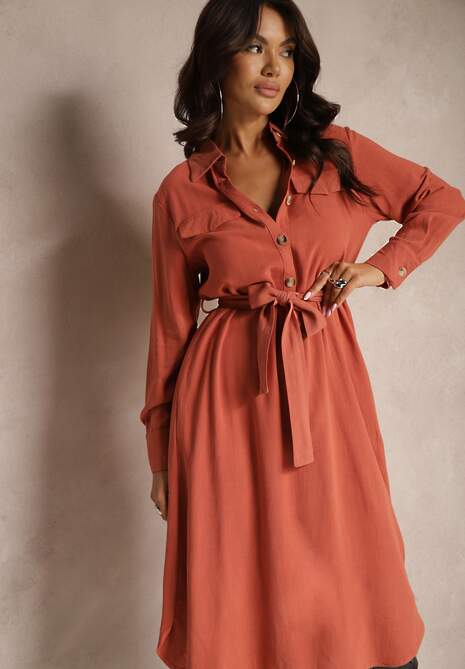 Pomarańczowa Sukienka z Bawełny o Koszulowym Kroju Wiązana w Talii Zinrose