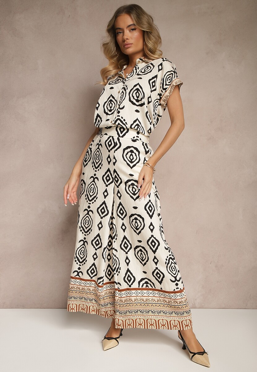 Beżowo-Czarne Spodnie z Wiskozą o Szerokim Kroju z Geometryczny Wzór Zoledia