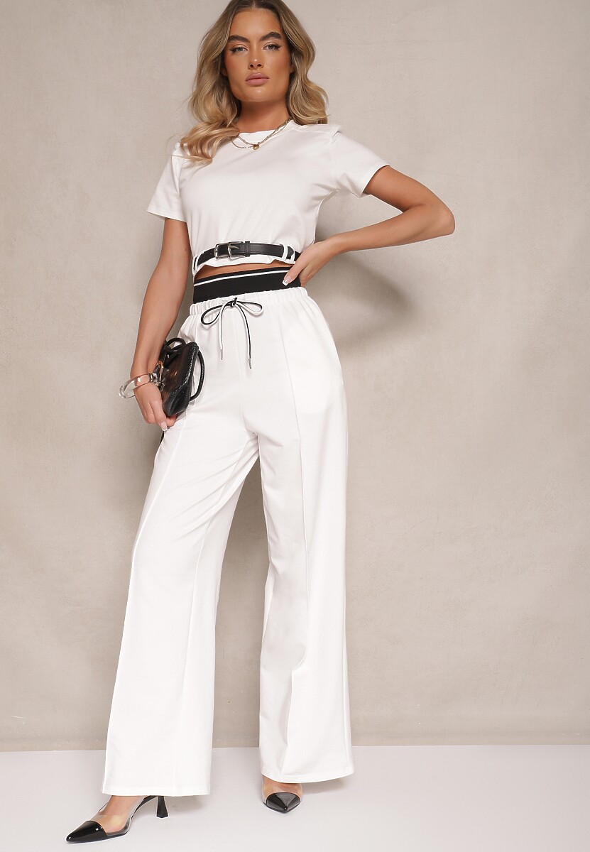 Biały Komplet z Bawełny Szerokie Spodnie Bluzka z Usztywnianymi Ramionami Katilna
